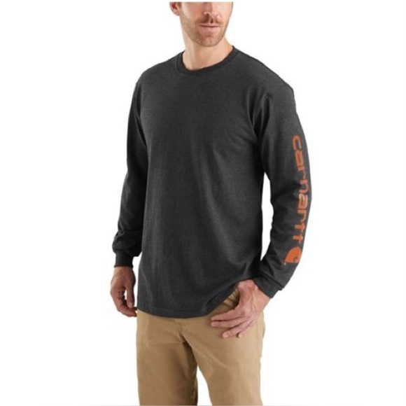 Carhartt Loose Fit Heavyweight Long-Sleeve Grey & Orange Logo Sleeve Graphic Tee - Picture 1 of 8